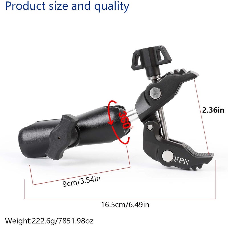 FPN 1'' Ball Handlebar Base Mount Strong Rod Clamp with 3.54'' Length Double Socket Arm for Rails 0.5" to 2.0" in Dia, Compatible with RAM Mounts & Bike Motorcycle Phone Mount Holder - Image 2